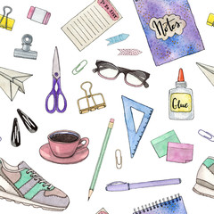 back to school. hand painted stationery and fashion supplies. seamless pattern.