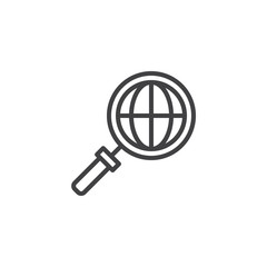 Magnifier with globe outline icon. linear style sign for mobile concept and web design. Globe search simple line vector icon. Symbol, logo illustration. Pixel perfect vector graphics
