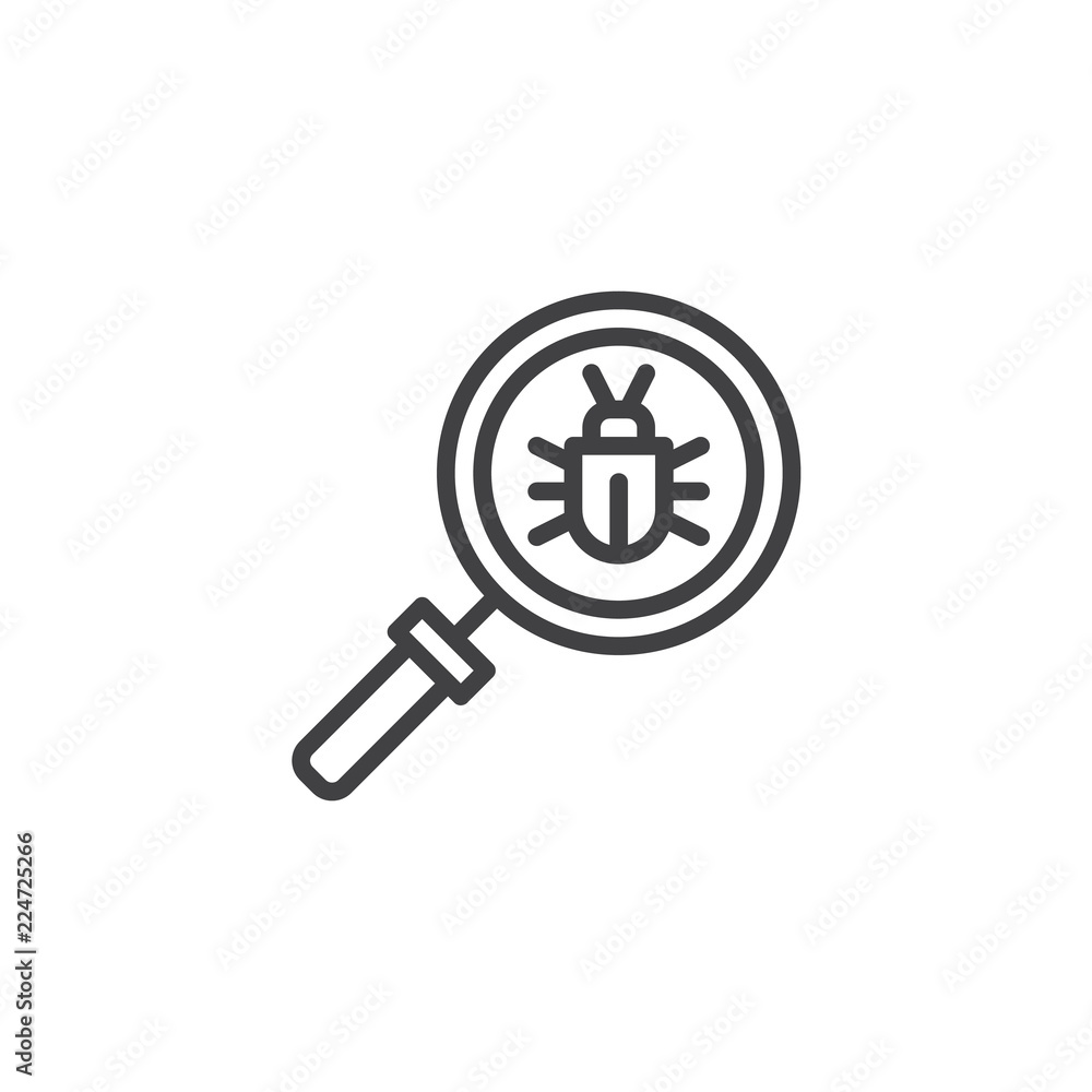Poster virus scan outline icon. linear style sign for mobile concept and web design. magnifying glass and v