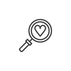 Heart search outline icon. linear style sign for mobile concept and web design. magnifying glass and heart simple line vector icon. Symbol, logo illustration. Pixel perfect vector graphics