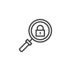 Magnifying glass with padlock outline icon. linear style sign for mobile concept and web design. Searching For Security simple line vector icon. Symbol, logo illustration. Vector graphics
