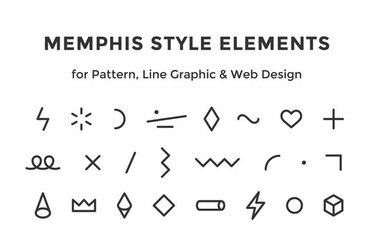 Memphis style elements. Set of memphis design elements, line graphic design, template for pattern, line graphic, web design. Colorful collection geometric graphic. Vector Illustration
