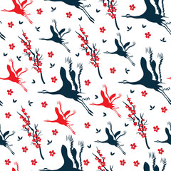 Seamless floral pattern vector colorful illustration isolated on white background, Japanese symbol blossom sakura flower, crane flying, bamboo for design decorative textile, natural cosmetic wallpaper