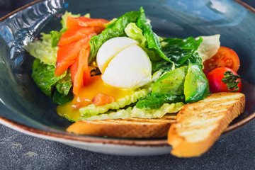 Caesar salad with eggs, salmon, avocado, cherry tomatoes and toast bread, close up view