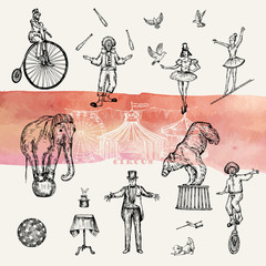 Retro circus performance set sketch stile vector illustration. Hand drawn imitation. Human and animals