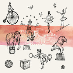 Retro circus performance set sketch stile vector illustration. Hand drawn imitation. Human and animals