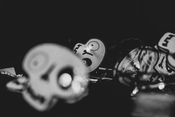 Skull shaped figures and lights for use as Halloween theme background. 