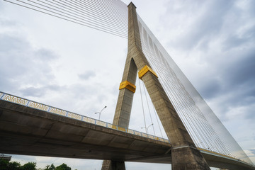 cable bridge landmark of bangkok thailand with cloudscape