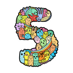 Hand drawn doodled kids numbers. Cute monstred numbers, math symbols.