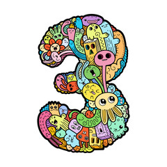Hand drawn doodled kids numbers. Cute monstred numbers, math symbols.