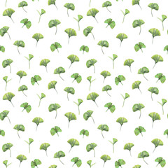 Seamless pattern with green leaves of ginkgo biloba. Hand drawn illustration with colored pencils. Botanical natural design for textiles, interior or some background.