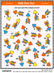 IQ training visual puzzle with colorful arrows (suitable both for kids and adults): Spot the odd one out. Find the unique arrow. Answer included.