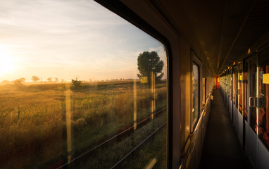 Beautiful sunrise on the vintage train