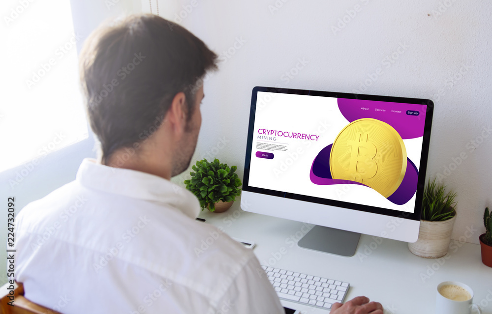 Aufkleber man browsing digital crytocurrency website on computer