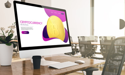 computer with cryptocurrency website screen on modern business office mockup