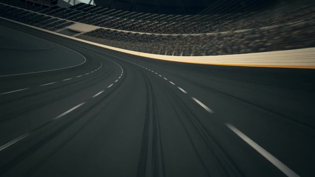 POV Race Car Speeding Along The Curve Racetrack on stadium during sport event.