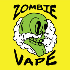 T-shirt or poster design with illustration of vaping skull. Design with text composition.