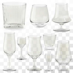 Set of vector realistic transparent whiskey glasses. Alcohol drink glass icons illustration