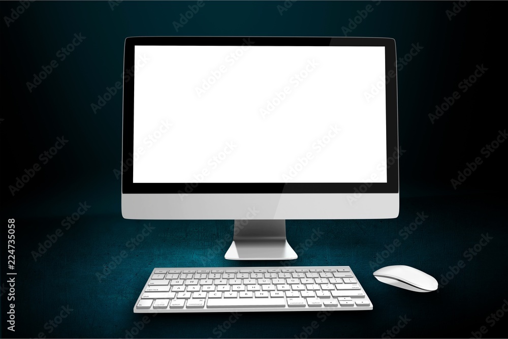 Poster desktop computer and keyboard and mouse on