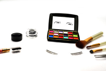 Eye makeup equipment and dairy isolated on white background. Eye makeup brochure isolated on white background