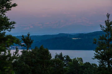 Fototapeta na wymiar Germany, Alp panorama behind lake constance in dawning atmosphere