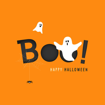 Happy Halloween greeting card vector illustration, Boo! with flying ghost and spider web on orange background.