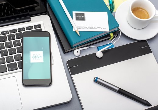 Smartphone and Business Card on Desk Mockup