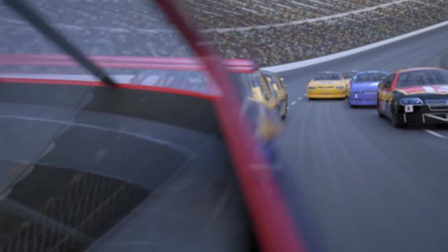 Speeding racing cars. Dynamic camera. Flying near the cars and passing through.