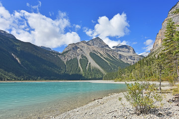 Fototapeta na wymiar Beautiful turquoise Kinney Lake in Mount Robson Provincial Park. Forests and rocky mountains under blue sky. British Columbia, Canada.