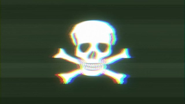 Skull And Cross Bones Icon On Bad Old Film Tape/
Animation of a skull with cross bones pirate symbol icon, with old film tape effect including twitch, noise, glitch and bad looking effects