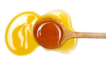 Honey with wooden spoon isolated on white background, top view