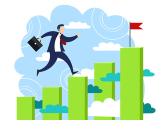 Businessman runs on graph chart upwards by steps to his goal. Business make deal metaphor in minimalistic flat style. Cartoon vector illustration