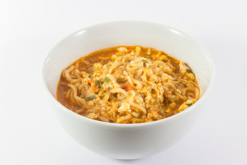 Instant noodle in white bowl on white background