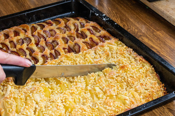 Obstkuchen mit Hefeteig auf Backblech mit Pflaumen und Äpfel im Backofen frisch gebacken.