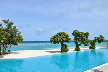 Blue infinity pool with unusual topiary and white sandy beach, next to aqua blue Indian Ocean, on a paradise island in the Maldives.