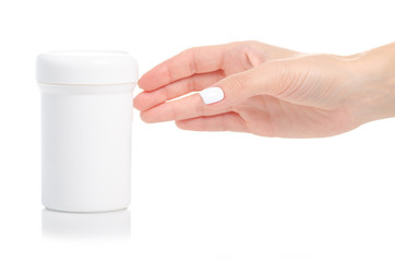 White jar cream in hand on white background isolation