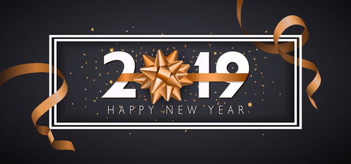 Fototapeta na wymiar Vector 2019 Happy New Year background with golden gift bow