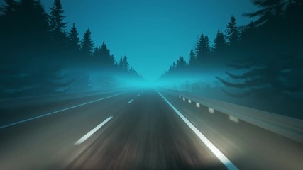 Endless drive through foggy landscape at night. Fast racing through highway