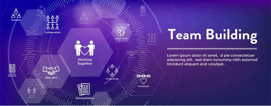 Team Building, Teamwork, - Connectivity Icon Set with Stick Figures and Intersections Web Header Banner
