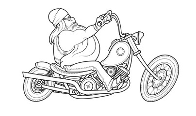 Biker ride at motorcycle. Cartoon character. Man drive bike.