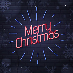 Neon sign merry christmas on brick wall background. Christmas greeting card design