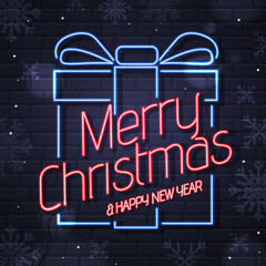 Obraz premium Neon sign merry christmas and happy new year on brick wall background. Christmas greeting card design