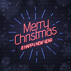 Neon sign merry christmas and happy new year on brick wall background. Christmas greeting card design