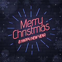 Obraz premium Neon sign merry christmas and happy new year on brick wall background. Christmas greeting card design