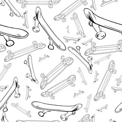 Skateboards seamless pattern. Vector illustraton. seamless pattern white contour cartoon skateboards. Background with skateboards and longboards