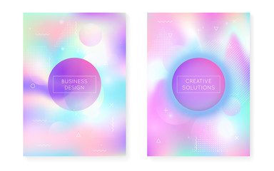 Dynamic shape background with liquid fluid. Holographic bauhaus gradient with memphis cover. Graphic template for brochure, banner, wallpaper, mobile screen. Iridescent dynamic shape background.