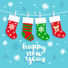 Christmas Socks vector background. Various Christmas socks hanging on a rope.