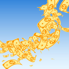 Korean won notes falling. Messy WON bills on blue sky background. Korea money. Cute vector illustrat