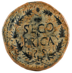 Ancient Roman copper coin. As of Emperor Caligula. Coined in Segobriga. Reverse.