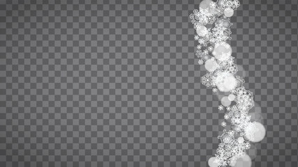 Blizzard snowflakes on transparent grey background. Winter sales, Christmas and New Year design for party invitation, banner, sale. Horizontal winter window. Magic snowflakes. Silver blizzard flakes